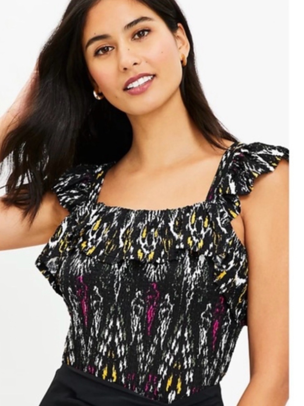 LOFT Black Ikat Ruffle Shoulder Tank with Pink & Yellow Accents XS